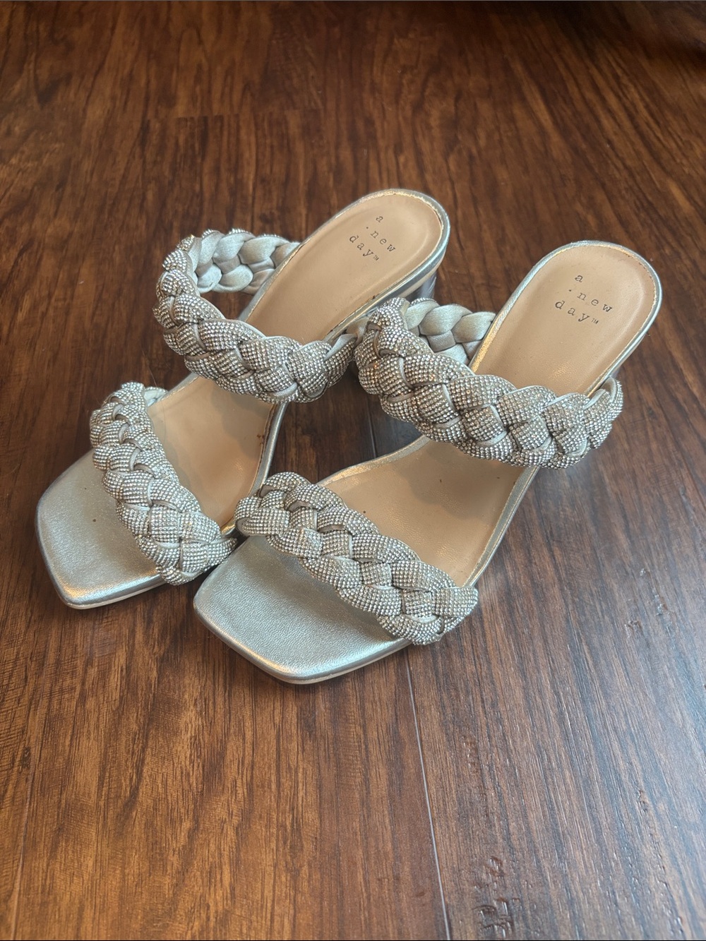 a new day Rhinestone Silver Braided Double-Strap Block Heel Mules